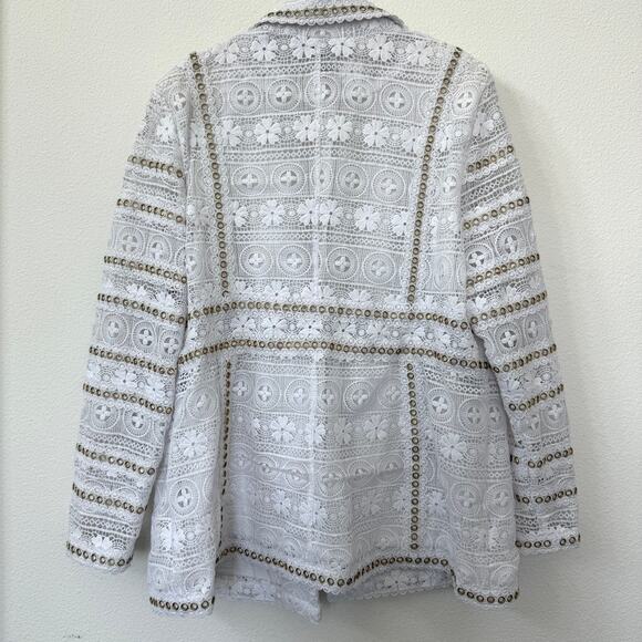 BEREK Eyelet Embroidered Blazer White Gold Grommets Lace Jacket XL Statement - Picture 11 of 13